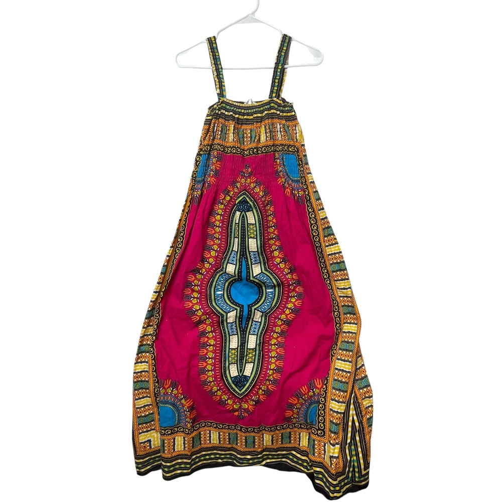Pink Dashiki Maxi Dress Smocked Tribal African Print Sleeveless Pink Blue 52in